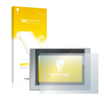 Face avant d’un emballage produit avec le logo de la marque upscreen. À côté, l’appareil Siemens Simatic TP1200 Comfort est re