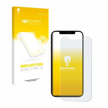 Face avant d’un emballage produit avec le logo de la marque upscreen. À côté, l’appareil Apple iPhone 12 est représenté avec l