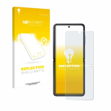 Face avant d’un emballage produit avec le logo de la marque upscreen. À côté, l’appareil Samsung Galaxy Z Flip 5G est représen