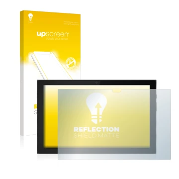 Face avant d’un emballage produit avec le logo de la marque upscreen. À côté, l’appareil Lenovo IdeaPad Duet 3i (en paysage) e