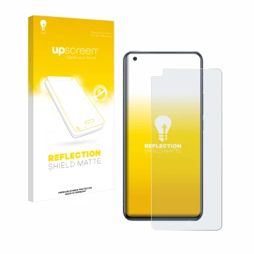 Face avant d’un emballage produit avec le logo de la marque upscreen. À côté, l’appareil Vivo X50 est représenté avec la prote