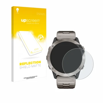 Face avant d’un emballage produit avec le logo de la marque upscreen. À côté, l’appareil Garmin quatix 6x Solar est représenté