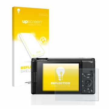 Face avant d’un emballage produit avec le logo de la marque upscreen. À côté, l’appareil Sony ZV-1 est représenté avec la prot