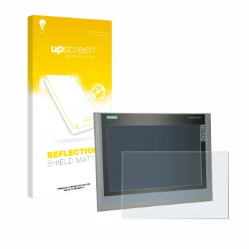 Face avant d’un emballage produit avec le logo de la marque upscreen. À côté, l’appareil Siemens Simatic HMI TP 1500 Comfort e