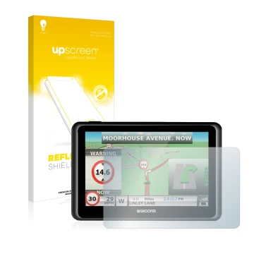 Face avant d’un emballage produit avec le logo de la marque upscreen. À côté, l’appareil Snooper Truckmate S6900 est représent