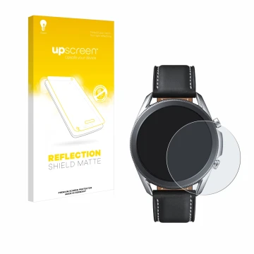 Face avant d’un emballage produit avec le logo de la marque upscreen. À côté, l’appareil Samsung Galaxy Watch 3 (45mm) est rep