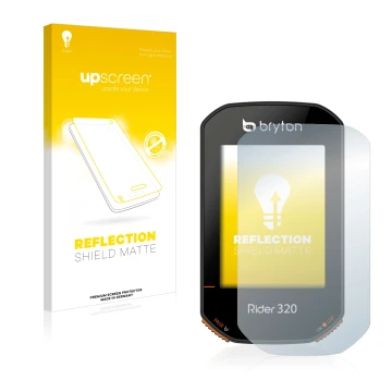 Face avant d’un emballage produit avec le logo de la marque upscreen. À côté, l’appareil Bryton Rider 320 est représenté avec 