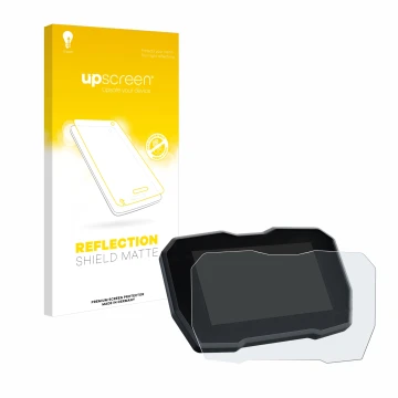 Face avant d’un emballage produit avec le logo de la marque upscreen. À côté, l’appareil Ducati Streetfighter V4 2020 Affichag