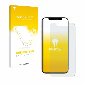 Face avant d’un emballage produit avec le logo de la marque upscreen. À côté, l’appareil Apple iPhone 12 Pro est représenté av