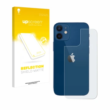 Face avant d’un emballage produit avec le logo de la marque upscreen. À côté, l’appareil Apple iPhone 12 (Arrière) est représe