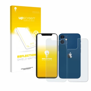 Face avant d’un emballage produit avec le logo de la marque upscreen. À côté, l’appareil Apple iPhone 12 (Avant+Arrière) est r