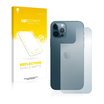 Face avant d’un emballage produit avec le logo de la marque upscreen. À côté, l’appareil Apple iPhone 12 Pro (Arrière) est rep