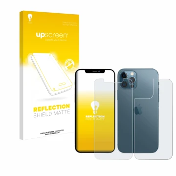 Face avant d’un emballage produit avec le logo de la marque upscreen. À côté, l’appareil Apple iPhone 12 Pro (Avant+Arrière) e