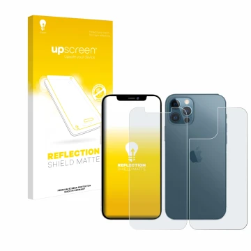 Face avant d’un emballage produit avec le logo de la marque upscreen. À côté, l’appareil Apple iPhone 12 Pro Max (Avant+Arrièr