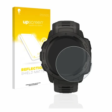 Face avant d’un emballage produit avec le logo de la marque upscreen. À côté, l’appareil Garmin Instinct Solar est représenté 