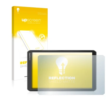 Face avant d’un emballage produit avec le logo de la marque upscreen. À côté, l’appareil Garmin Camper 890 est représenté avec