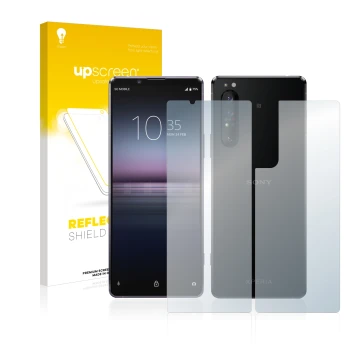 Face avant d’un emballage produit avec le logo de la marque upscreen. À côté, l’appareil Sony Xperia 1 II (Avant+Arrière) est 