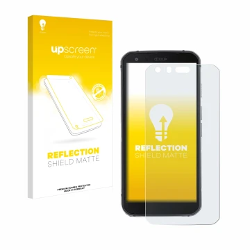 Face avant d’un emballage produit avec le logo de la marque upscreen. À côté, l’appareil Caterpillar Cat S62 Pro est représent