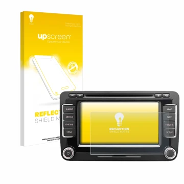 Face avant d’un emballage produit avec le logo de la marque upscreen. À côté, l’appareil Volkswagen Eos 2011 RNS 510 6.5