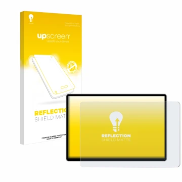 Face avant d’un emballage produit avec le logo de la marque upscreen. À côté, l’appareil Tesla Model 3 Infotainment System 15.