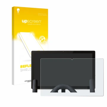Face avant d’un emballage produit avec le logo de la marque upscreen. À côté, l’appareil Peloton Bike est représenté avec la p