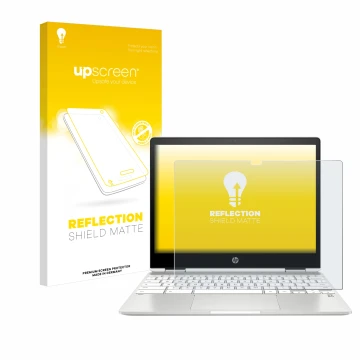 Face avant d’un emballage produit avec le logo de la marque upscreen. À côté, l’appareil HP Chromebook x360 12b-ca0005nf est r