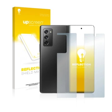 Face avant d’un emballage produit avec le logo de la marque upscreen. À côté, l’appareil Samsung Galaxy Z Fold 2 5G (Avant+Arr