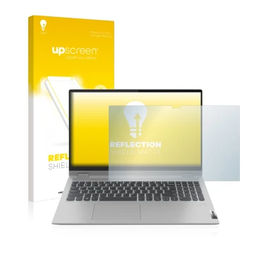 Face avant d’un emballage produit avec le logo de la marque upscreen. À côté, l’appareil Lenovo IdeaPad Flex 5 15