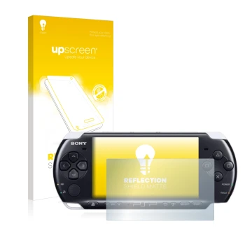 Face avant d’un emballage produit avec le logo de la marque upscreen. À côté, l’appareil Sony PSP 3003 est représenté avec la 