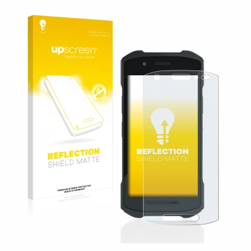 Face avant d’un emballage produit avec le logo de la marque upscreen. À côté, l’appareil Zebra TC21 est représenté avec la pro