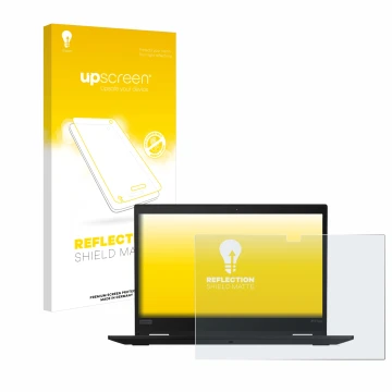 Face avant d’un emballage produit avec le logo de la marque upscreen. À côté, l’appareil Lenovo ThinkPad X13 Yoga 20SX0003GE e