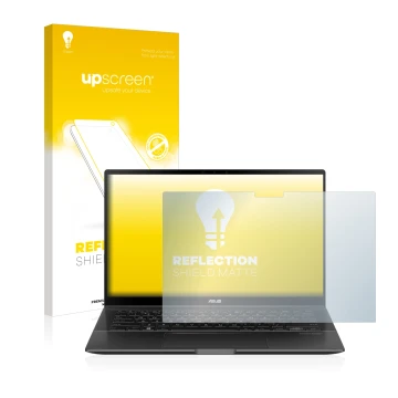 Face avant d’un emballage produit avec le logo de la marque upscreen. À côté, l’appareil ASUS ZenBook Flip 14 UX463FA est repr