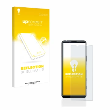 Face avant d’un emballage produit avec le logo de la marque upscreen. À côté, l’appareil Sony Xperia 5 II est représenté avec 