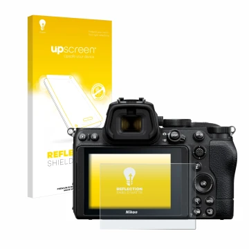 Face avant d’un emballage produit avec le logo de la marque upscreen. À côté, l’appareil Nikon Z 5 est représenté avec la prot