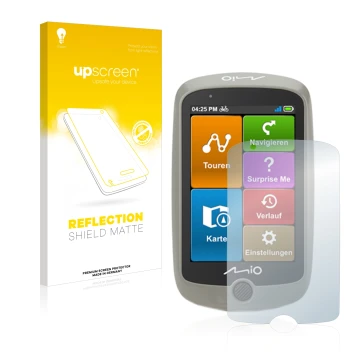 Face avant d’un emballage produit avec le logo de la marque upscreen. À côté, l’appareil Mitac Mio Cyclo Discover est représen