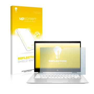 Face avant d’un emballage produit avec le logo de la marque upscreen. À côté, l’appareil HP Chromebook x360 (14b-caX) est repr