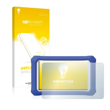 Face avant d’un emballage produit avec le logo de la marque upscreen. À côté, l’appareil Clementoni Clempad 9 Plus est représe