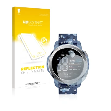 Face avant d’un emballage produit avec le logo de la marque upscreen. À côté, l’appareil Honor Watch GS Pro est représenté ave