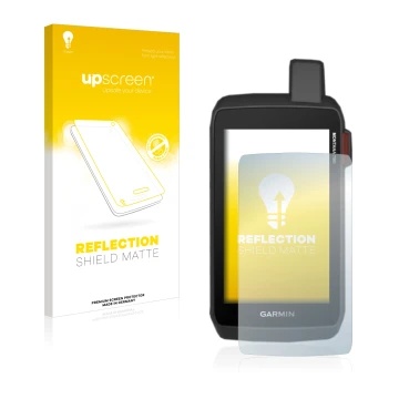 Face avant d’un emballage produit avec le logo de la marque upscreen. À côté, l’appareil Garmin Montana 700i est représenté av