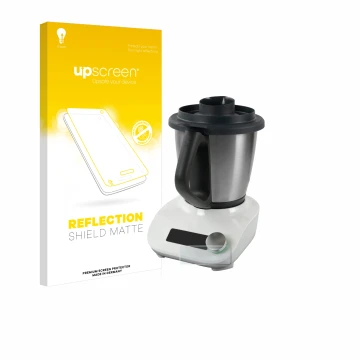 Face avant d’un emballage produit avec le logo de la marque upscreen. À côté, l’appareil Vorwerk Thermomix Friend est représen