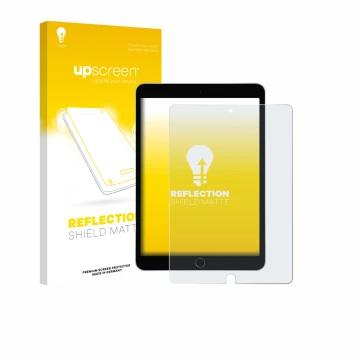 Face avant d’un emballage produit avec le logo de la marque upscreen. À côté, l’appareil Apple iPad 10.2