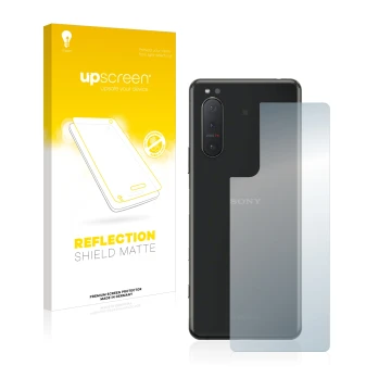 Face avant d’un emballage produit avec le logo de la marque upscreen. À côté, l’appareil Sony Xperia 5 II (Arrière) est représ
