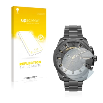 Face avant d’un emballage produit avec le logo de la marque upscreen. À côté, l’appareil Diesel Chronograph DZ4466 est représe
