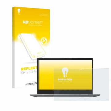 Face avant d’un emballage produit avec le logo de la marque upscreen. À côté, l’appareil Lenovo ThinkPad X1 Yoga (5ème Gen.) e