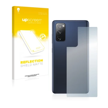 Face avant d’un emballage produit avec le logo de la marque upscreen. À côté, l’appareil Samsung Galaxy S20 FE 5G (Arrière) es