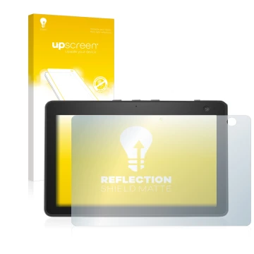 Face avant d’un emballage produit avec le logo de la marque upscreen. À côté, l’appareil Amazon Echo Show 10 (3ème Gen.) est r