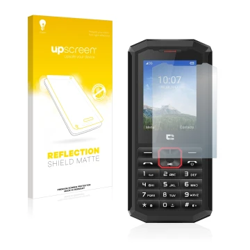 Face avant d’un emballage produit avec le logo de la marque upscreen. À côté, l’appareil Crosscall Spider X5 est représenté av