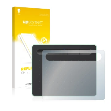 Face avant d’un emballage produit avec le logo de la marque upscreen. À côté, l’appareil Wacom Intuos S Bluetooth est représen