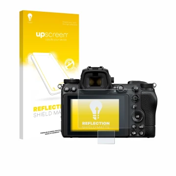 Face avant d’un emballage produit avec le logo de la marque upscreen. À côté, l’appareil Nikon Z 6 II est représenté avec la p