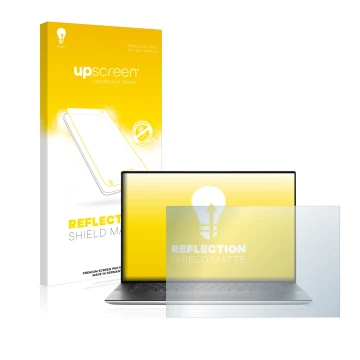 Face avant d’un emballage produit avec le logo de la marque upscreen. À côté, l’appareil Dell XPS 15 9500 est représenté avec 